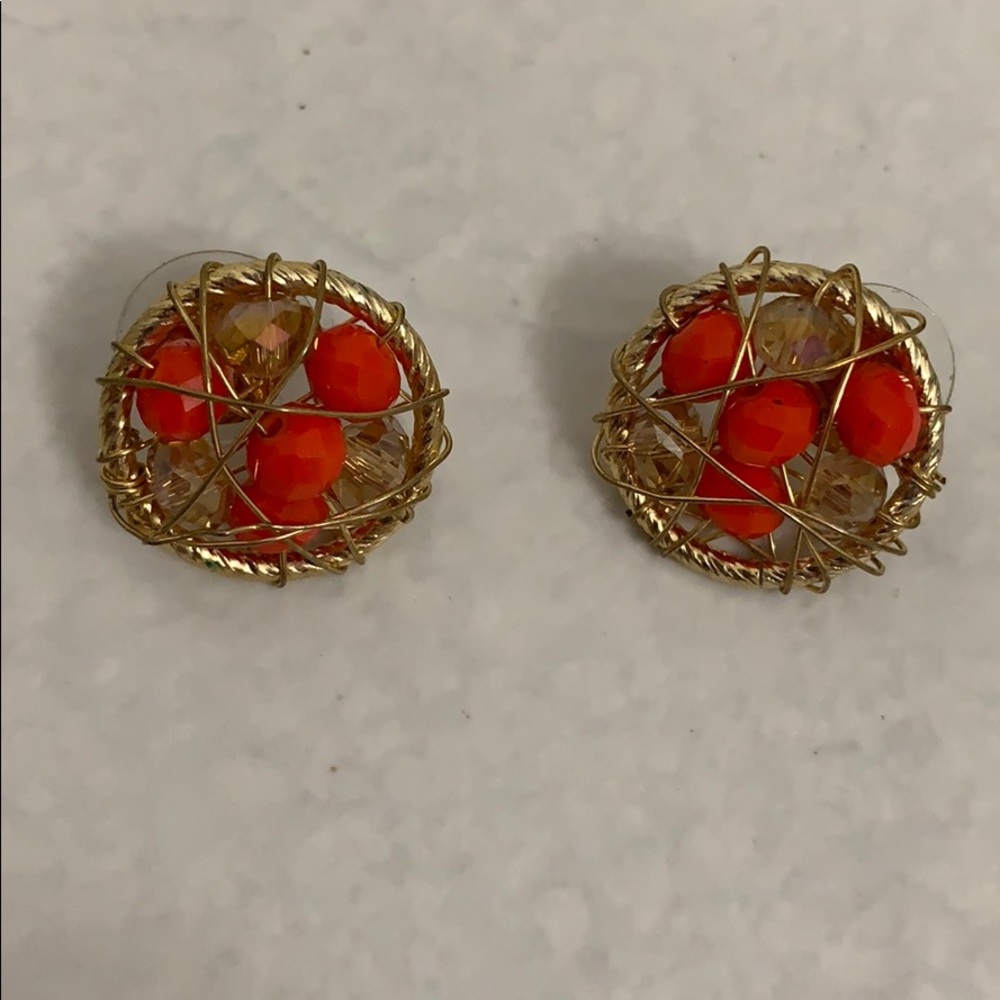 Earrings golden color with orange & clear beads